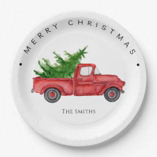 Assiettes En Carton Camion Russe Rouge Aquarelle Avec Arbre De Noël