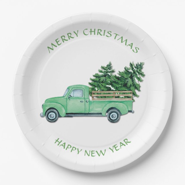 Assiettes En Carton Camion vert vintage avec arbres de Noël (Devant)