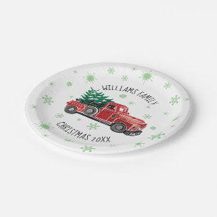 Assiettes En Carton Camion vintage de Noël avec des flocons de neige