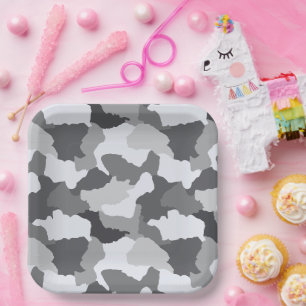 Assiettes En Carton Camo de neige   Camouflage gris blanc