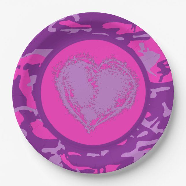 Assiettes En Carton Camo rose et pourpre avec le coeur (Devant)
