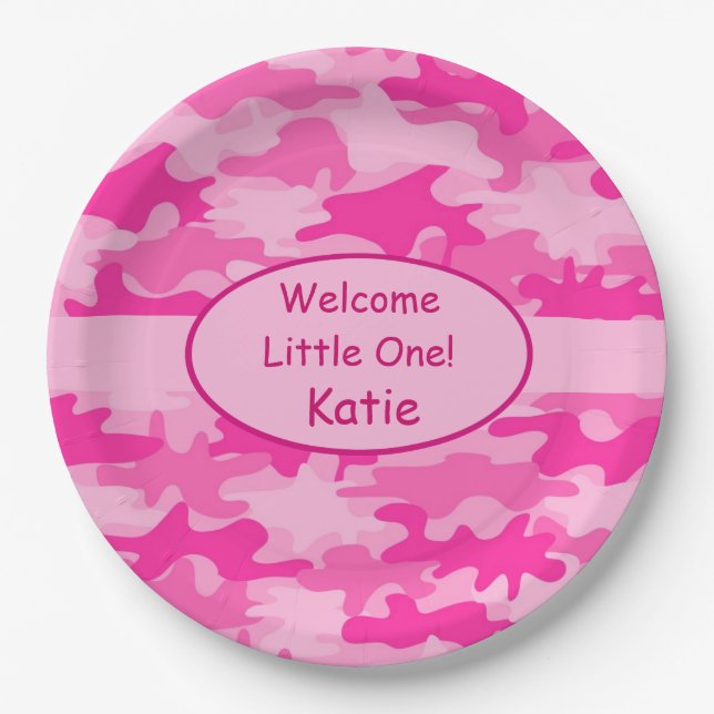 Assiettes En Carton Camo rose Nom Personnalisé Nouvelle Bébée Fille (Devant)