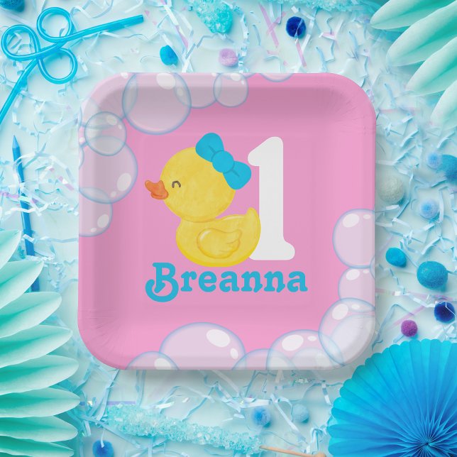 Assiettes En Carton Canard en caoutchouc rose fille personnalisée Anni (Pink Girl Rubber Duck Personalized Birthday Paper Plates)