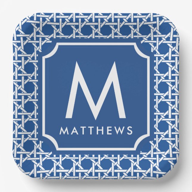 Assiettes En Carton Canne bleue et blanche | Rattan | Monogramme (Recto)