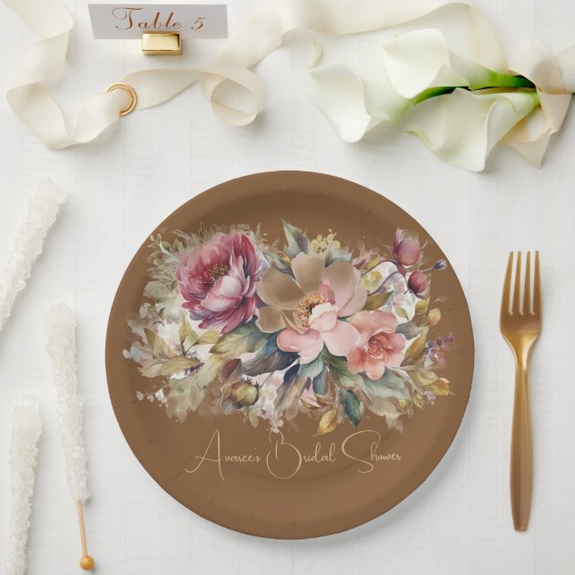 Assiettes En Carton Caramel Brown rose Pêche Bourgogne Floral Douche (Mariage)