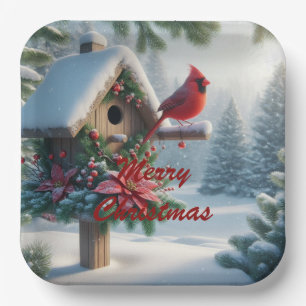 Assiettes En Carton Cardinal d'hiver sur une maison d'oiseaux festive