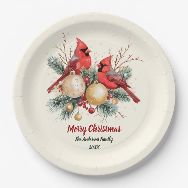 Assiettes En Carton Cardinal rouge et baies de Noël personnalisées (Devant)