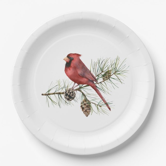 Assiettes En Carton Cardinal rouge sur la branche des pins (Devant)
