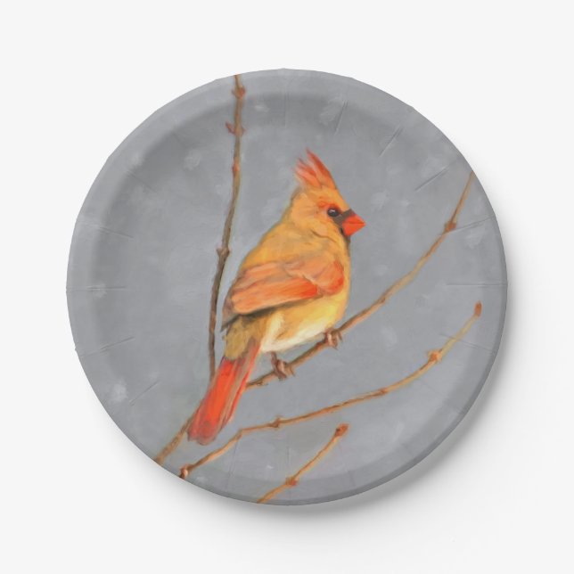 Assiettes En Carton Cardinal sur la peinture de branche - Art original (Devant)