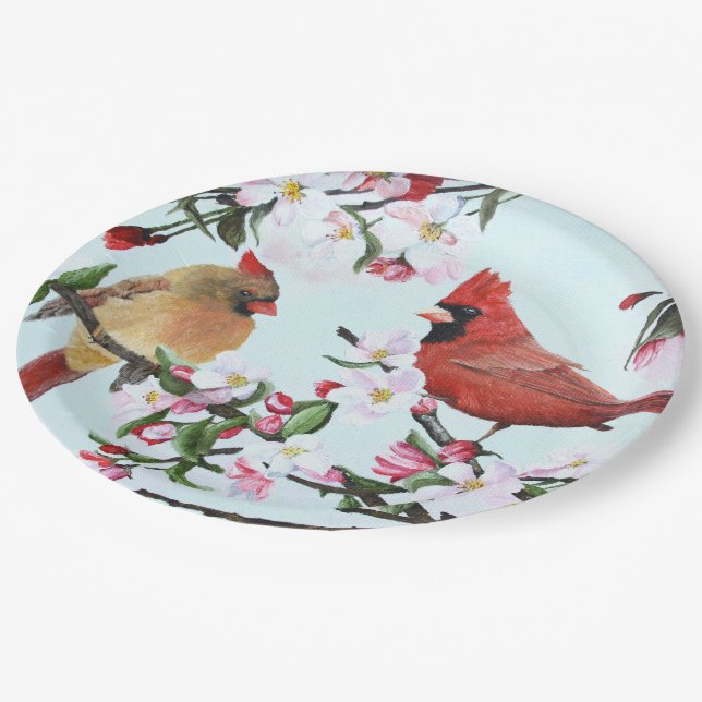 Assiettes En Carton Cardinaux et fleurs d'Apple (Angle)