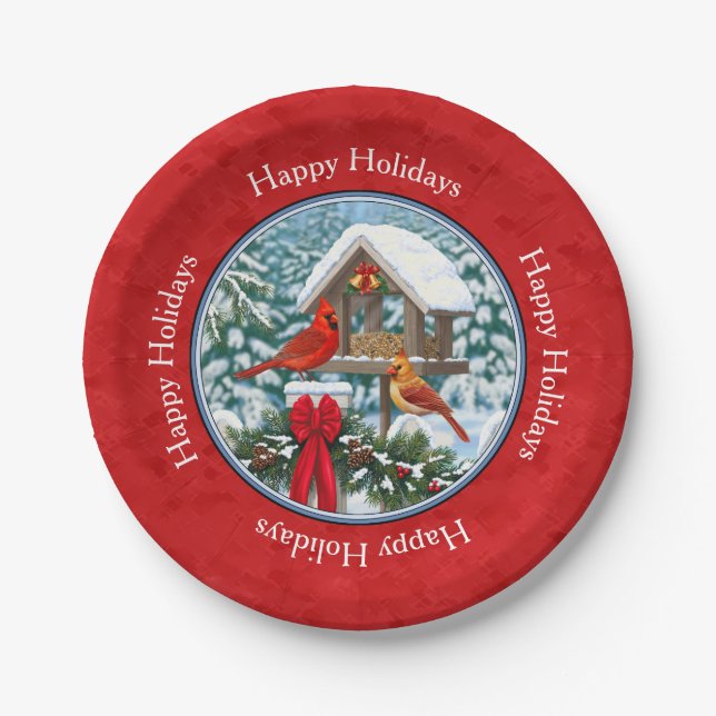 Assiettes En Carton Cardinaux Noël Birdfeeder Rouge (Devant)