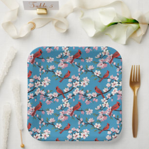 Assiettes En Carton Cardinaux rouges et fleurs de cerisiers roses Bleu