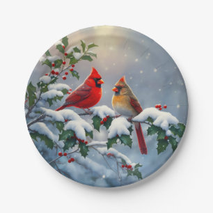 Assiettes En Carton Cardinaux rouges et Holly en neige