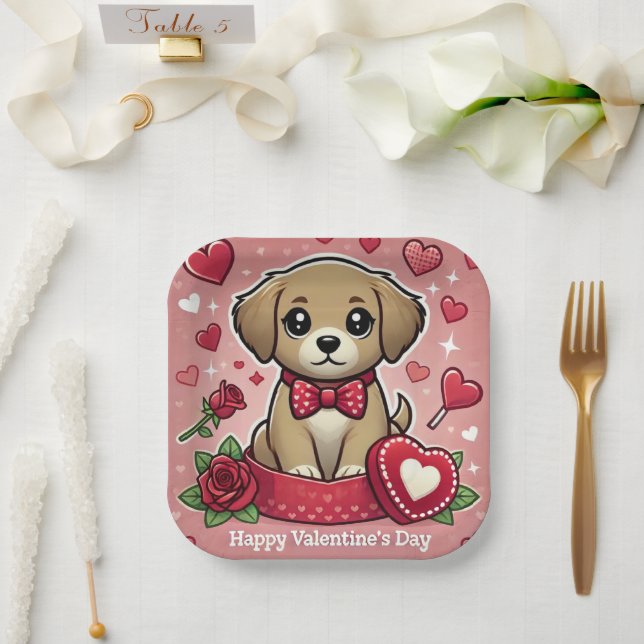 Assiettes En Carton Caricature avec Coeurs de la Saint-Valentin (Mariage)