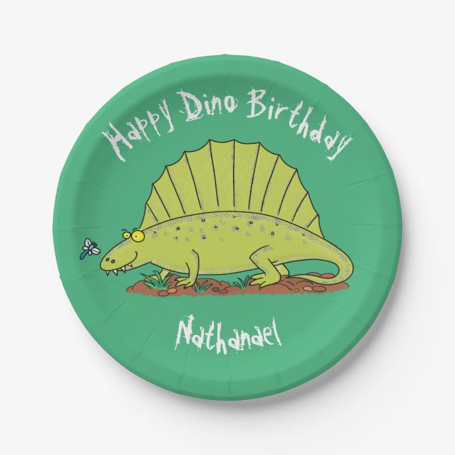 Assiettes En Carton Caricature de Dimetrodon pour dinosaure vert (Devant)