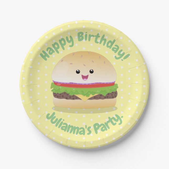 Assiettes En Carton Caricature de hamburger kawaii joyeux (Devant)