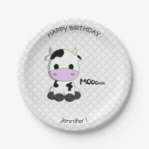 Assiettes En Carton Caricature de la vache mignonne nom d'anniversaire