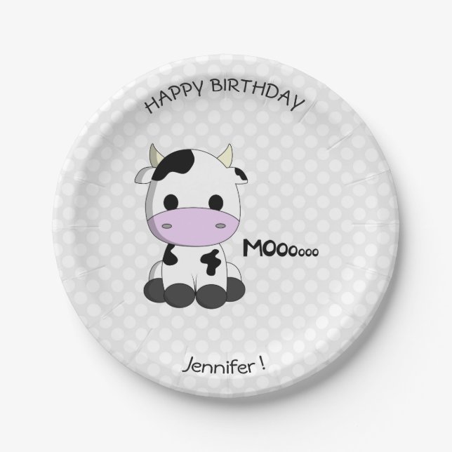 Assiettes En Carton Caricature de la vache mignonne nom d'anniversaire (Devant)