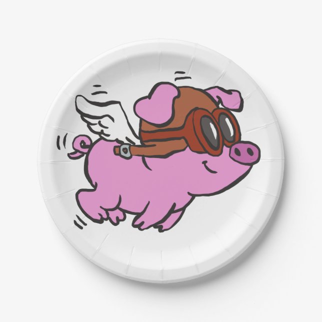 Assiettes En Carton Caricature volante de cochon rose | choisir la cou (Devant)