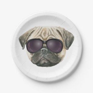 Assiettes En Carton Carlin amusant, mignon bulldog français avec lunet