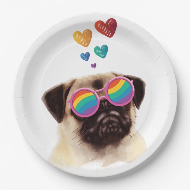 Assiettes En Carton Carlin Chien avec Coeurs Saint-Valentin (Devant)