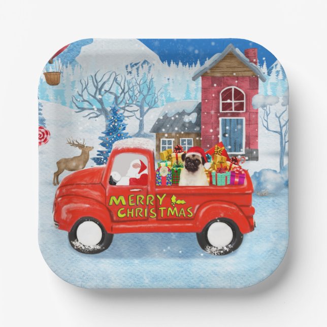 Assiettes En Carton Carlin Chien Livraison de Noël Camion Neige (Recto)
