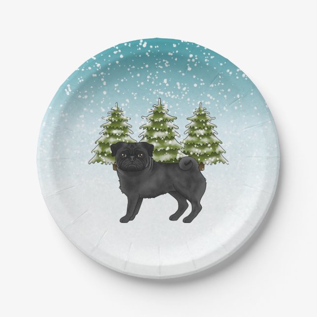 Assiettes En Carton Carlin noir mignon caricature Chien Snowy Winter F (Devant)