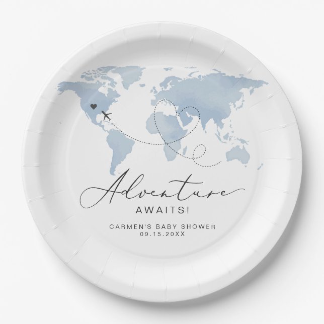 Assiettes En Carton CARMEN Dusty Blue Map Baby shower d'aventure (Devant)