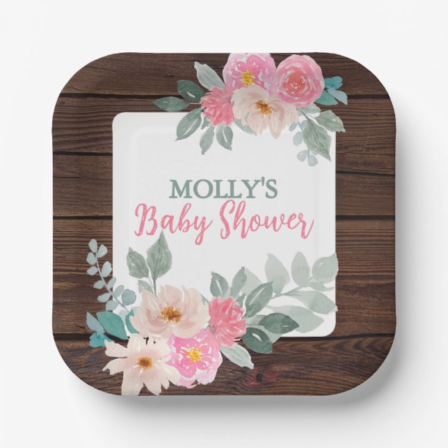 Assiettes En Carton Carré de plaque de Baby shower floral rustique (Recto)