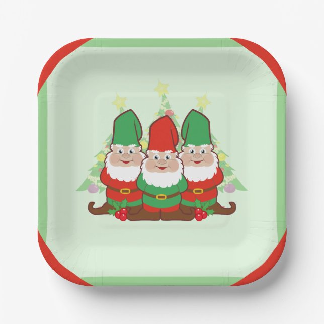 Assiettes En Carton Carré des Gnomes de Noël (Recto)