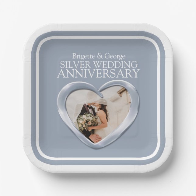 Assiettes En Carton Carré du coeur photo du 25e anniversaire du mariag (Recto)