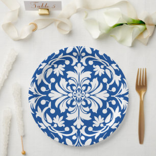 Assiettes En Carton Carreau de damas orné bleu et blanc