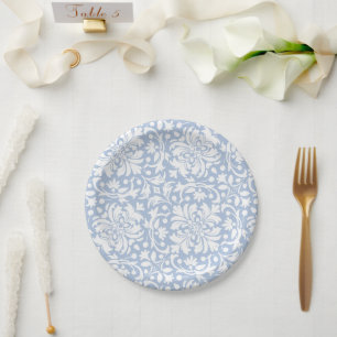 Assiettes En Carton Carreau en damas orné bleu pâle et blanc