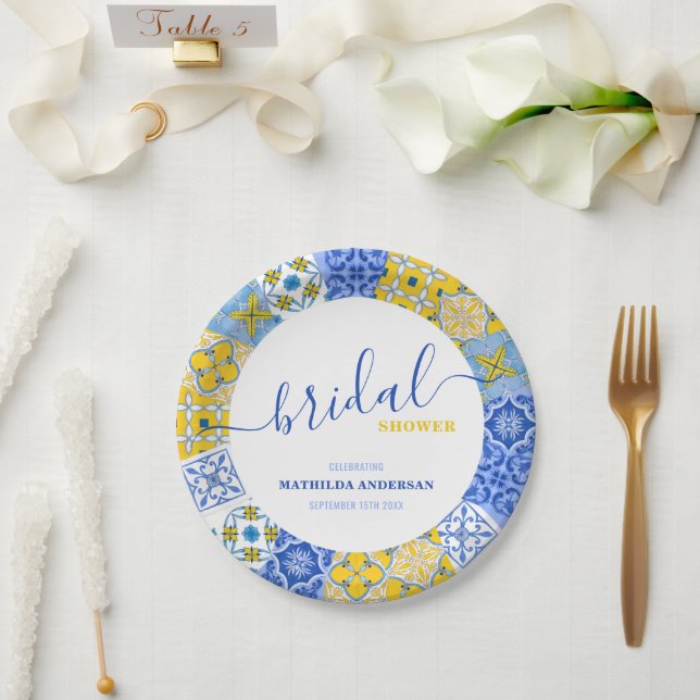 Assiettes En Carton Carreaux bleu bleu jaune italien Fête des mariées  (Mariage)
