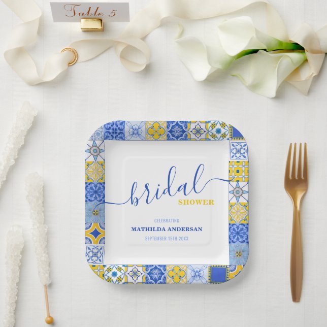 Assiettes En Carton Carreaux bleu jaune italien Fête des mariées d'été (Mariage)