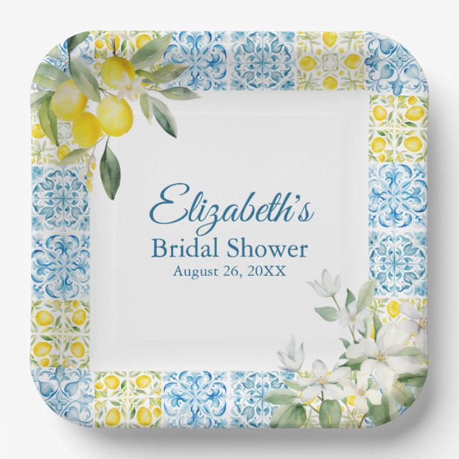 Assiettes En Carton Carreaux bleu méditerranéen et Fête des mariées ci (Recto)