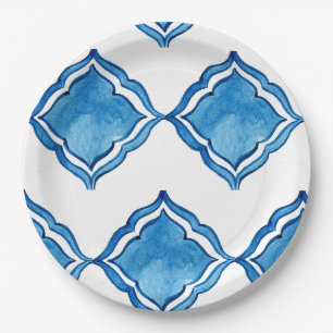Assiettes En Carton Carreaux Bleus Cobalt Méditerranéen Ronds