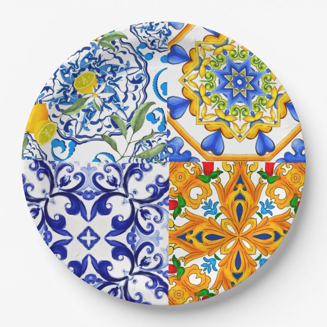 Assiettes En Carton Carreaux bleus, Sicilien, majolica, art de la mosa (Devant)