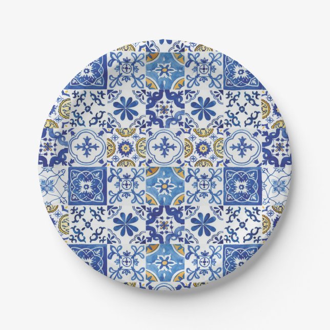 Assiettes En Carton Carreaux de mosaïque bleue Baby shower nuptial (Devant)