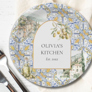 Assiettes En Carton Carreaux de motif méditerranéen olives jaune bleu