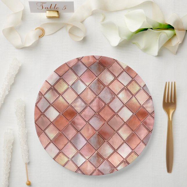 Assiettes En Carton Carreaux en or Rose chic (Mariage)
