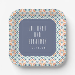 Assiettes En Carton Carreaux Géométriques Vintage Motif Mariage Bleu P