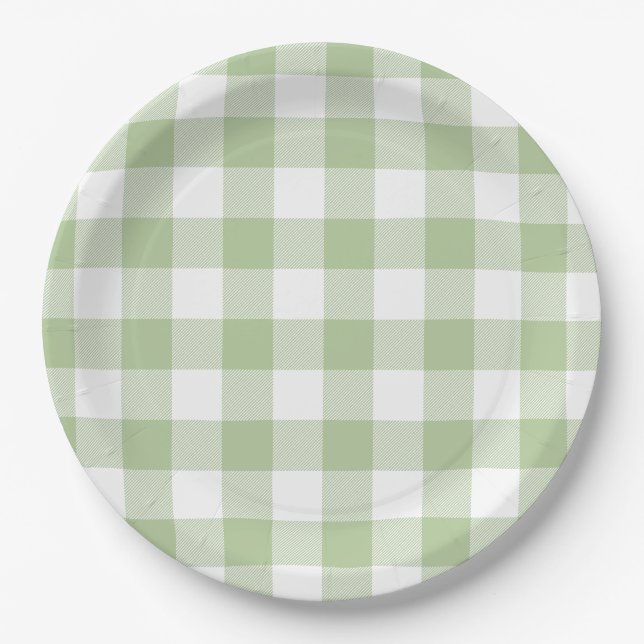 Assiettes En Carton Carreaux Gingham de Sauge et de Buffle Blanc (Devant)