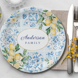Assiettes En Carton Carreaux italiens bleus aquarelle personnalisés Ci