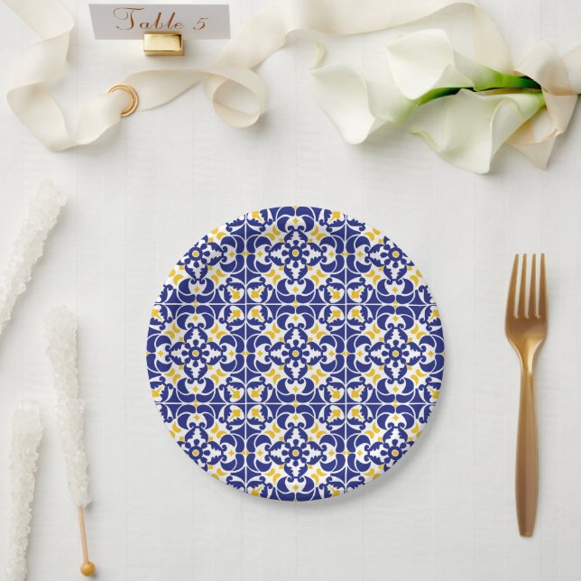 Assiettes En Carton Carreaux méditerranéens Motif bleu et jaune (Mariage)