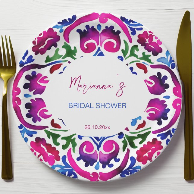 Assiettes En Carton Carreaux rose bleu mexicain nuptiale douche vaisse (Pink blue Mexican tiles bridal shower tableware personalized Plates fiesta Mexicana party plates)