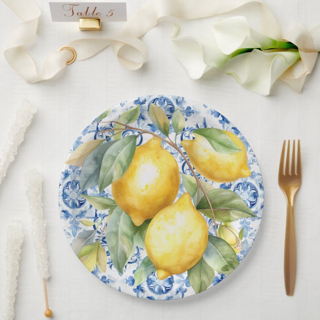 Assiettes En Carton Carrelage et citrons d'aquarelle italien bleu et b (Mariage)