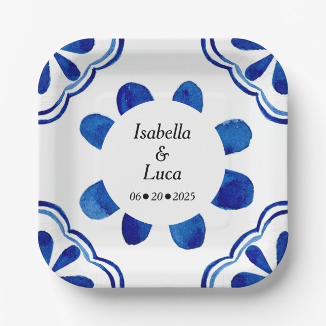 Assiettes En Carton Carrelage Floral Bleu Méditerranéen Aquarelle Pein (Recto)
