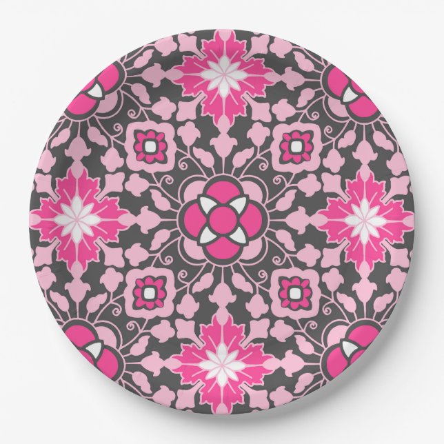 Assiettes En Carton Carrelage Floral marocain, Fuchsia rose & gris / G (Devant)