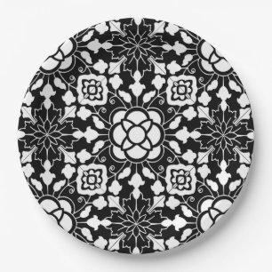 Assiettes En Carton Carrelage marocain floral, noir et blanc